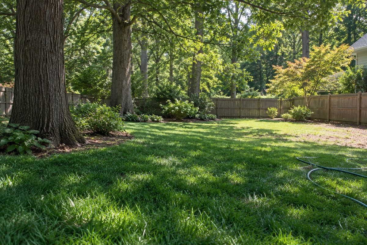 Dense fescue lawn growing in dappled shade under large oak trees
