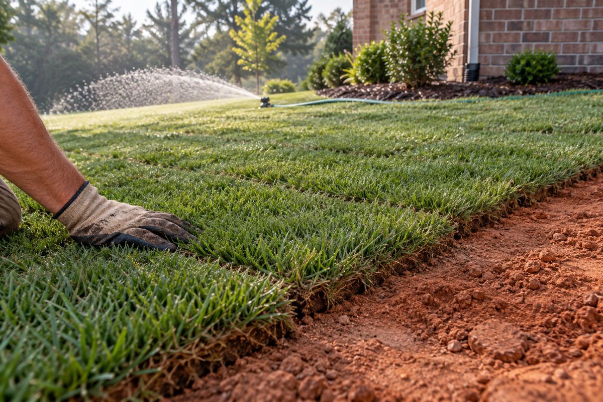 Freshly laid sod seams being pressed together and watered on a yard