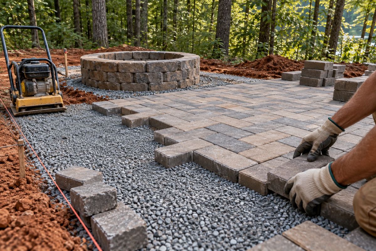 Paver patio and stone fire pit being built on a compacted gravel base