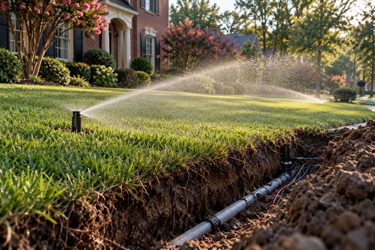 Sprinkler head watering a lawn with an open pipe trench beside it