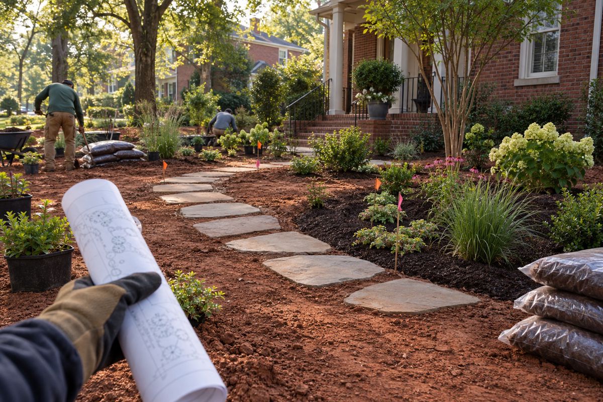 New curved planting beds and path being laid out in a brick-house front yard