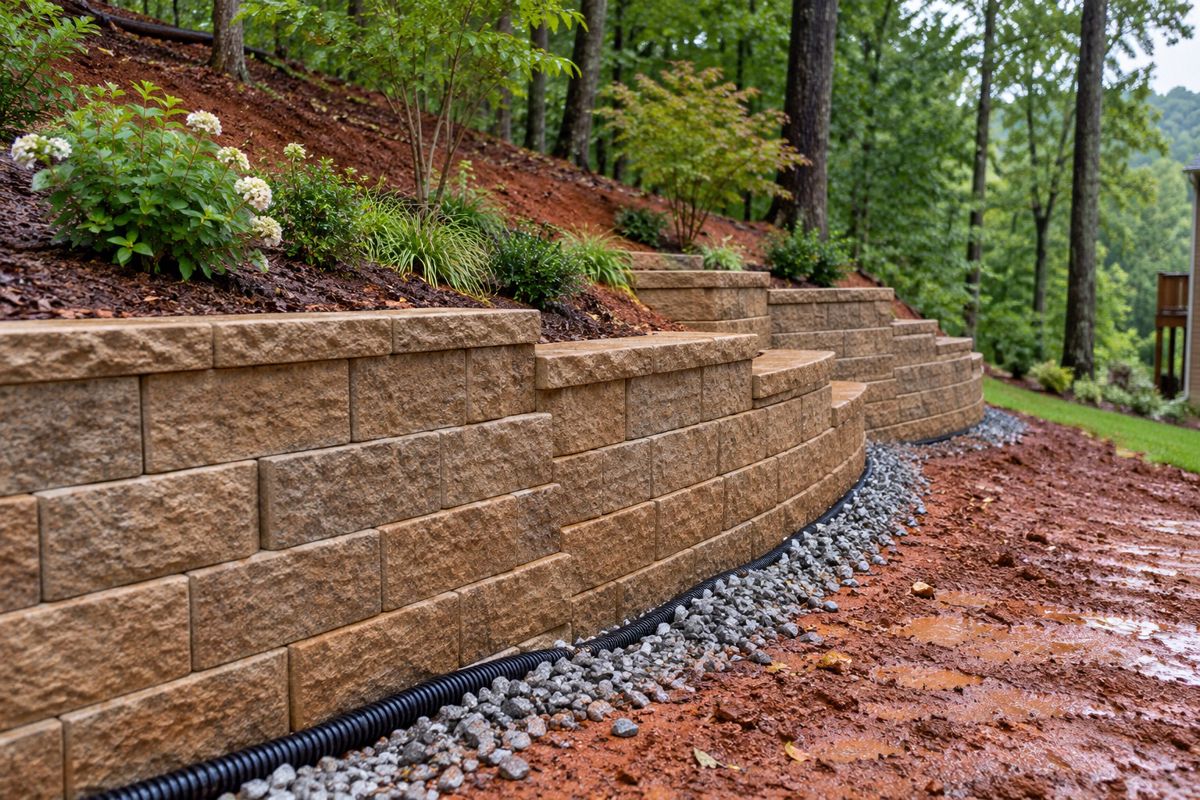 Tan block retaining wall with gravel and drain pipe on a clay slope
