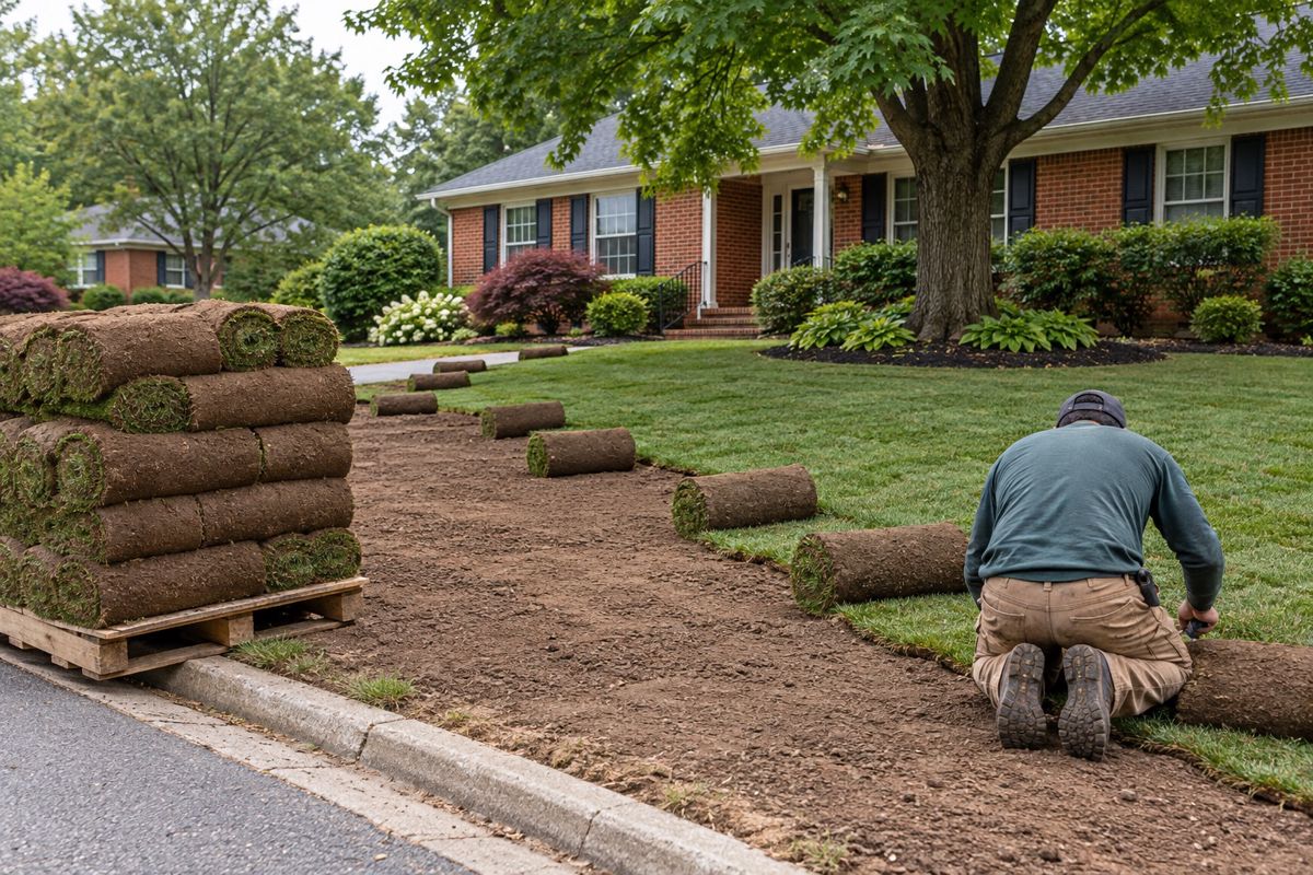 Workers laying rolls of green sod across prepared soil in a front yard
